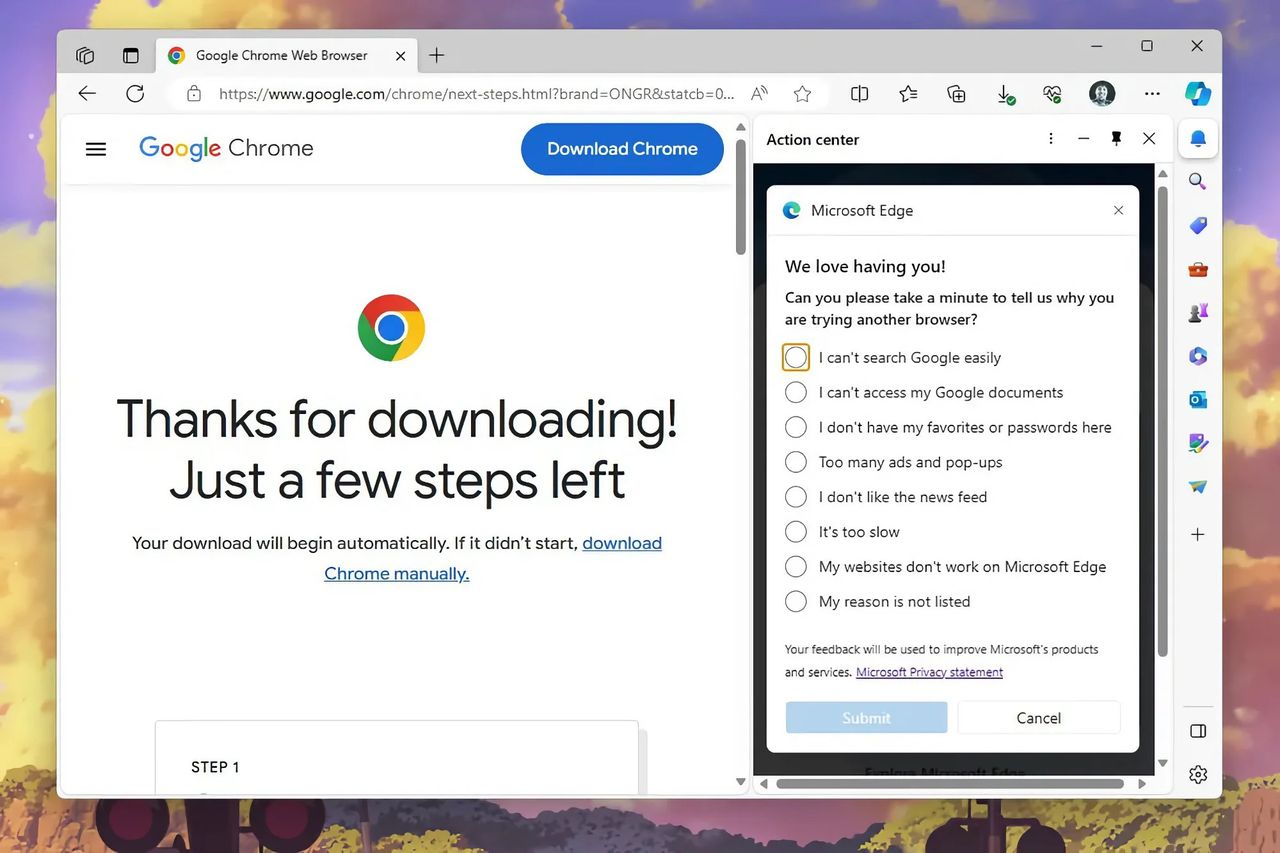 Microsoft visar undersökning om du laddar ner Chrome