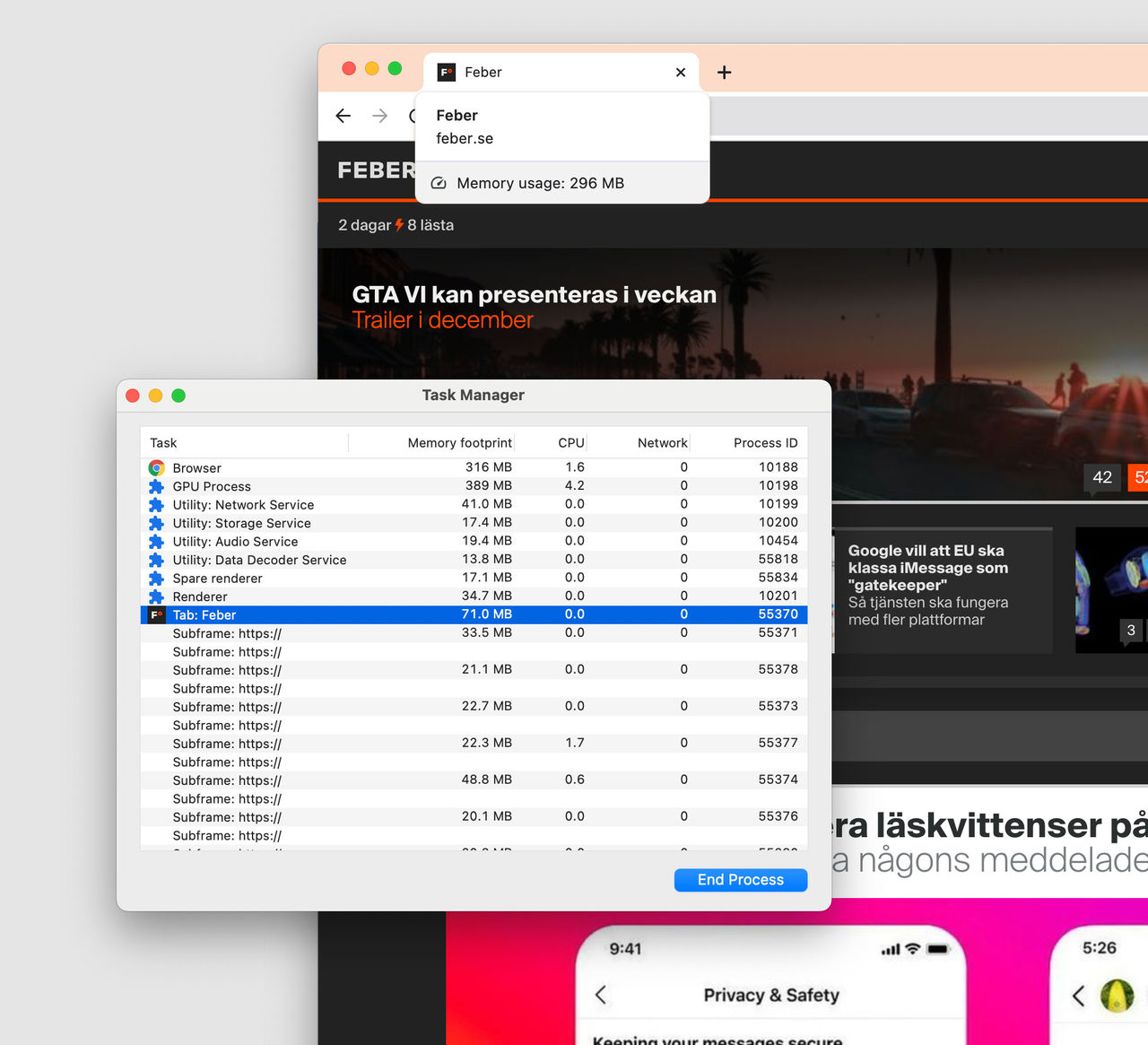 Chrome visar nu hur mycket minne en flik tar 