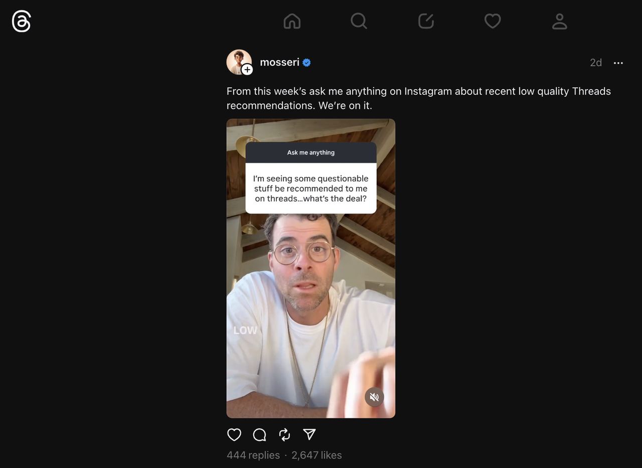 Instagram-chef ber om ursäkt för Threads-rekommendationer
