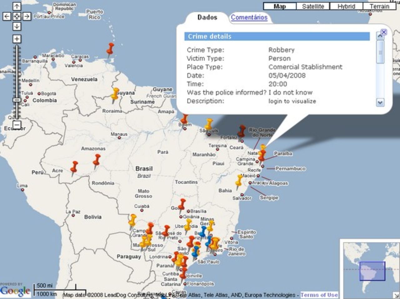 Wikicrimes visar brottsligheten i Brasilien via Google Maps