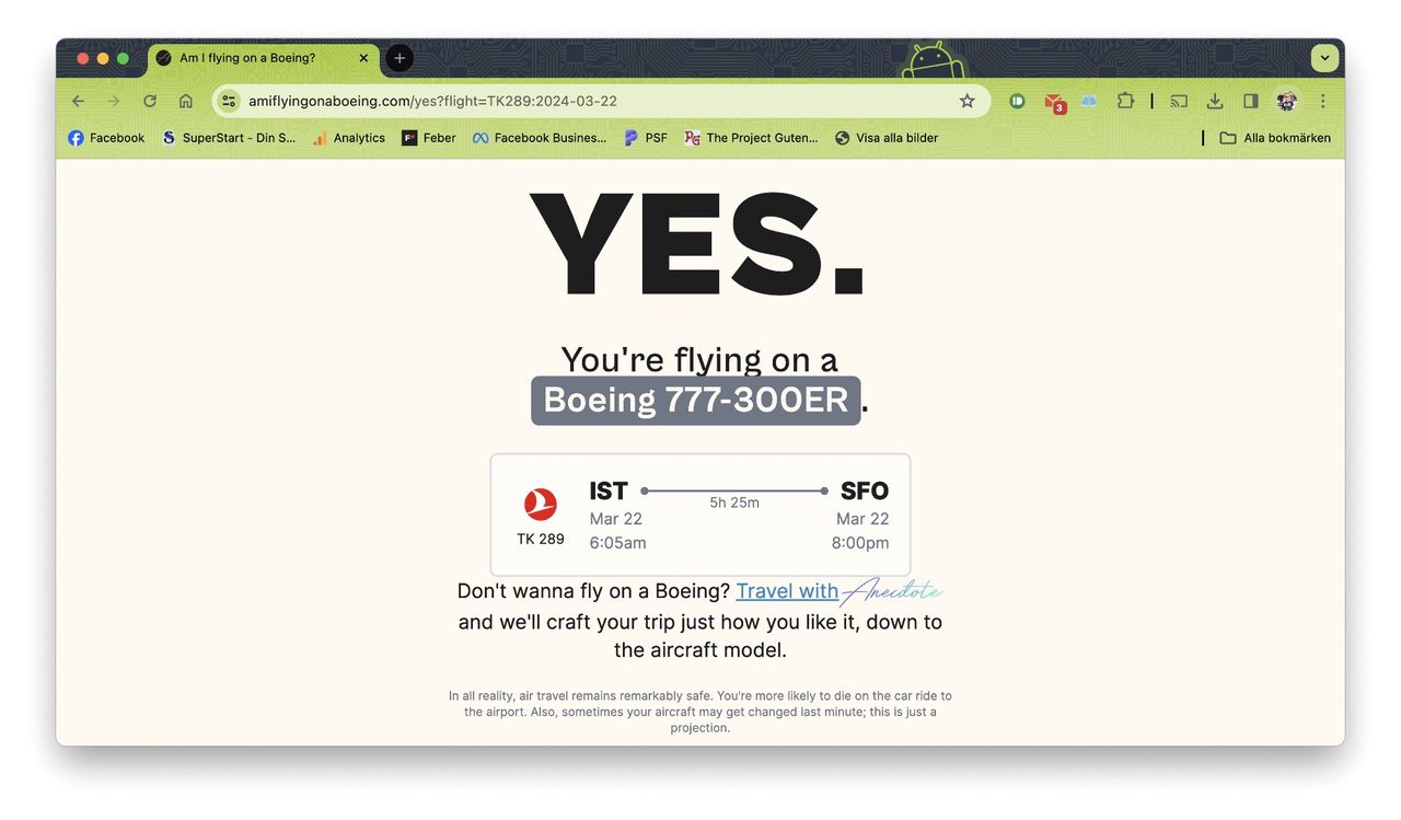 Webbplats visar om man flyger med ett Boeing-plan