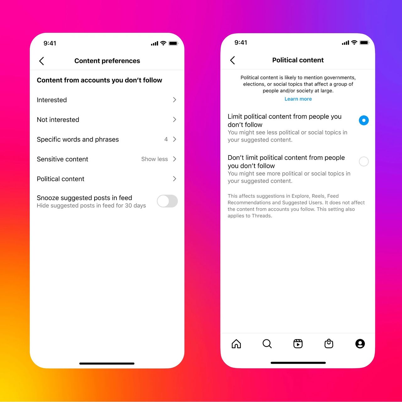 Begränsa politiskt innehåll på Instagram och Threads