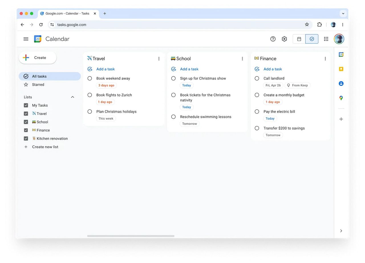 Påminnelser från Google Keep börjar sparas i Tasks