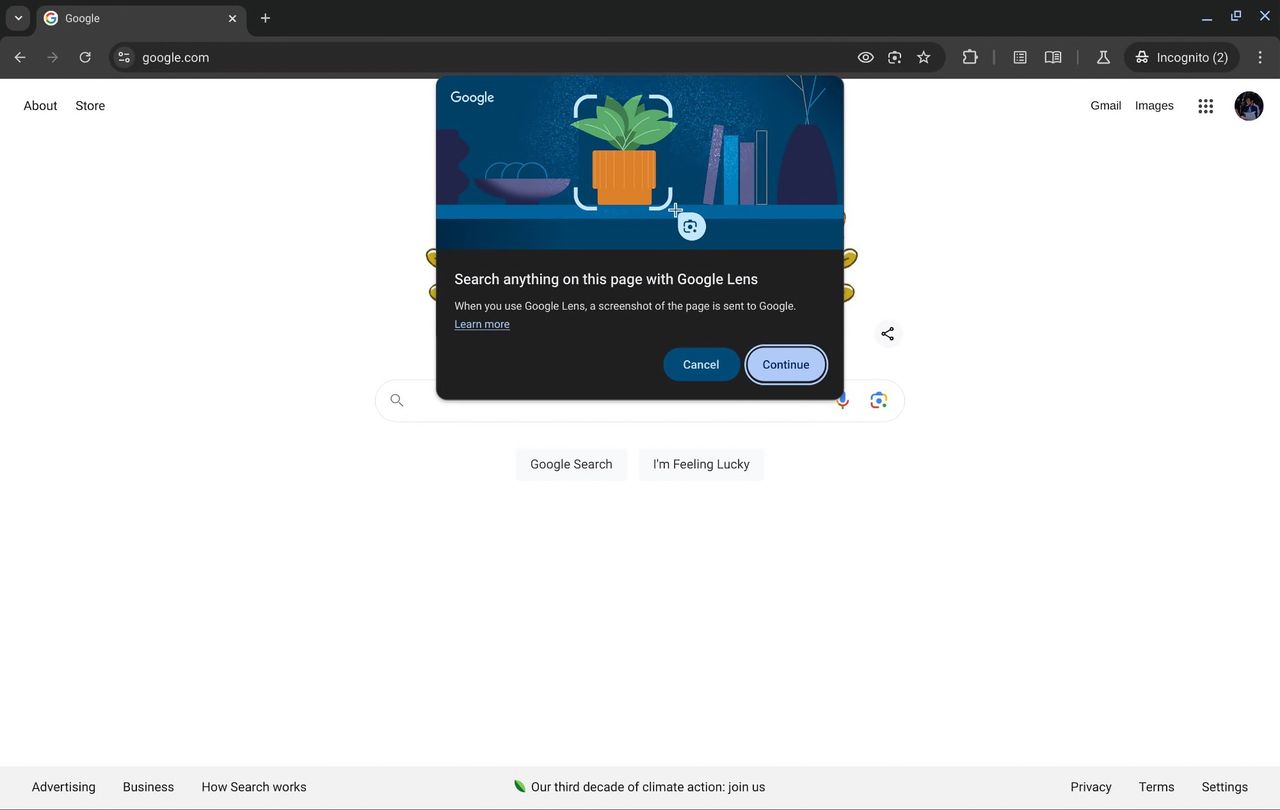Google Lens sökfunktion på ingång till Chrome