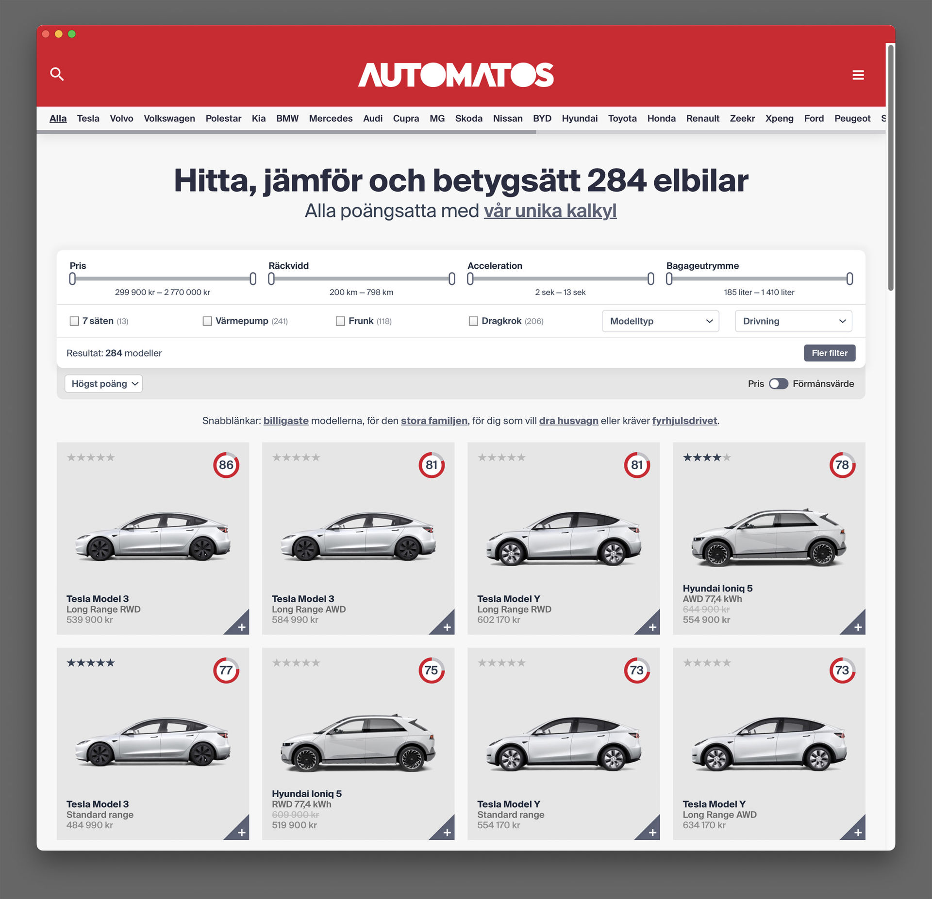 Hitta, jämför och betygsätt elbilar på Automatos