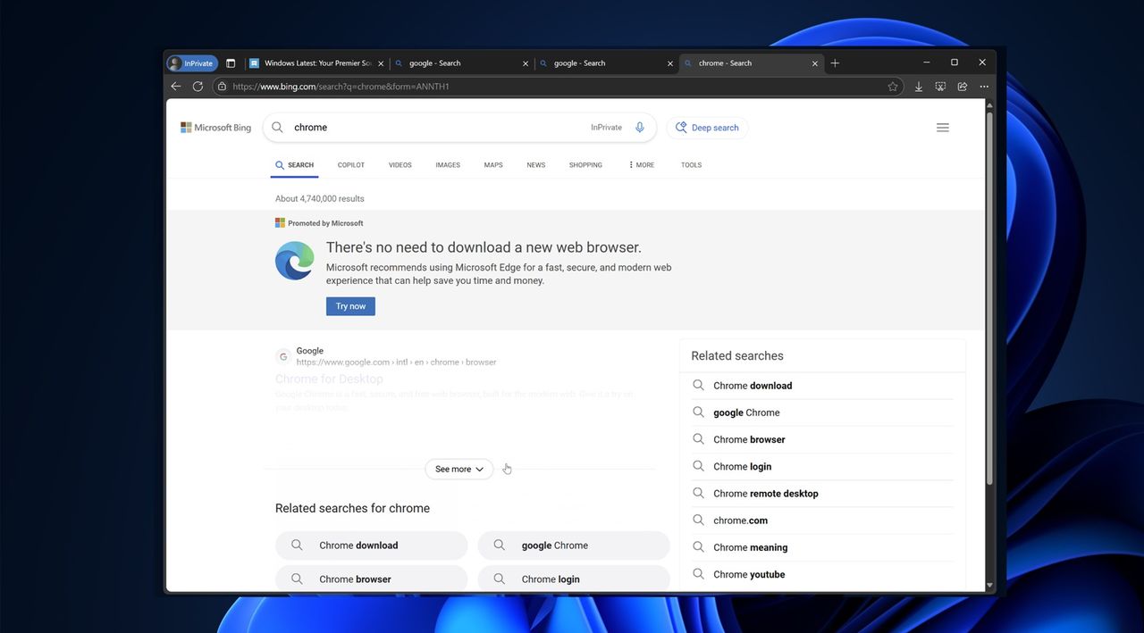 Edge döljer Chrome-nedladdningslänk