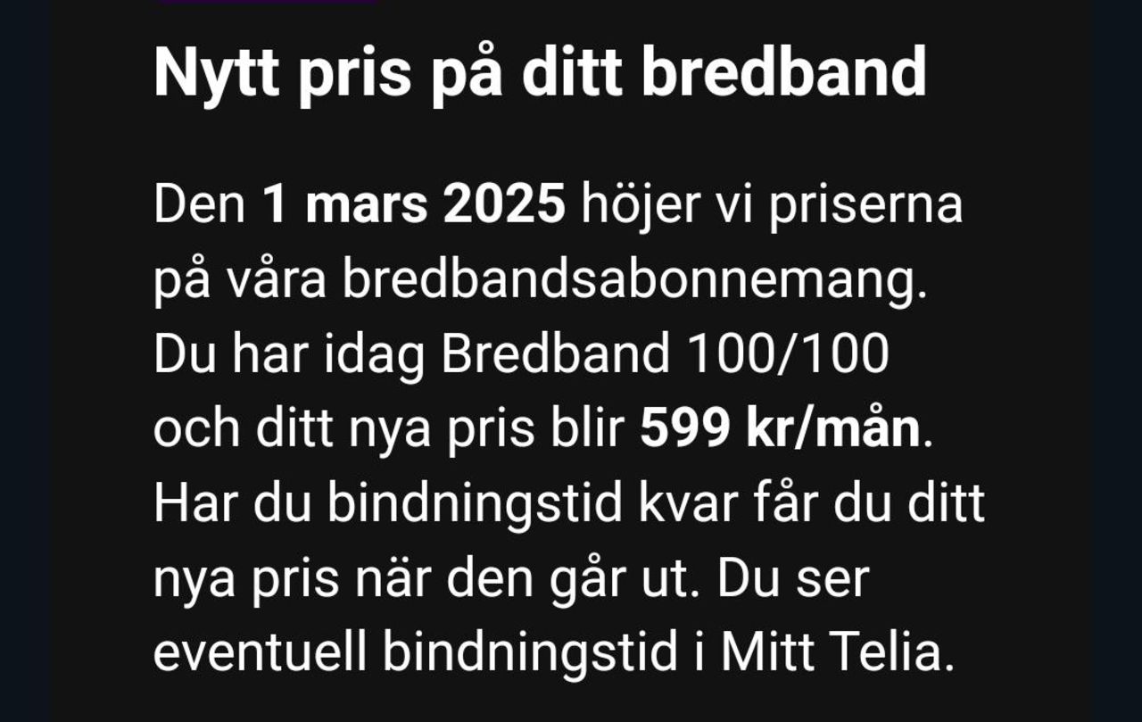 Även Telia justerar sina bredbandspriser nästa månad