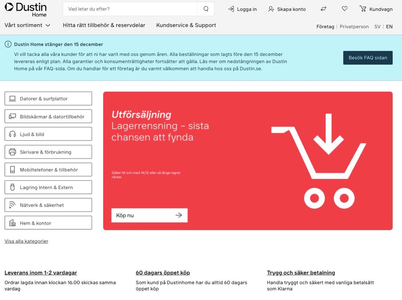 Dustin Home stänger den 15 december