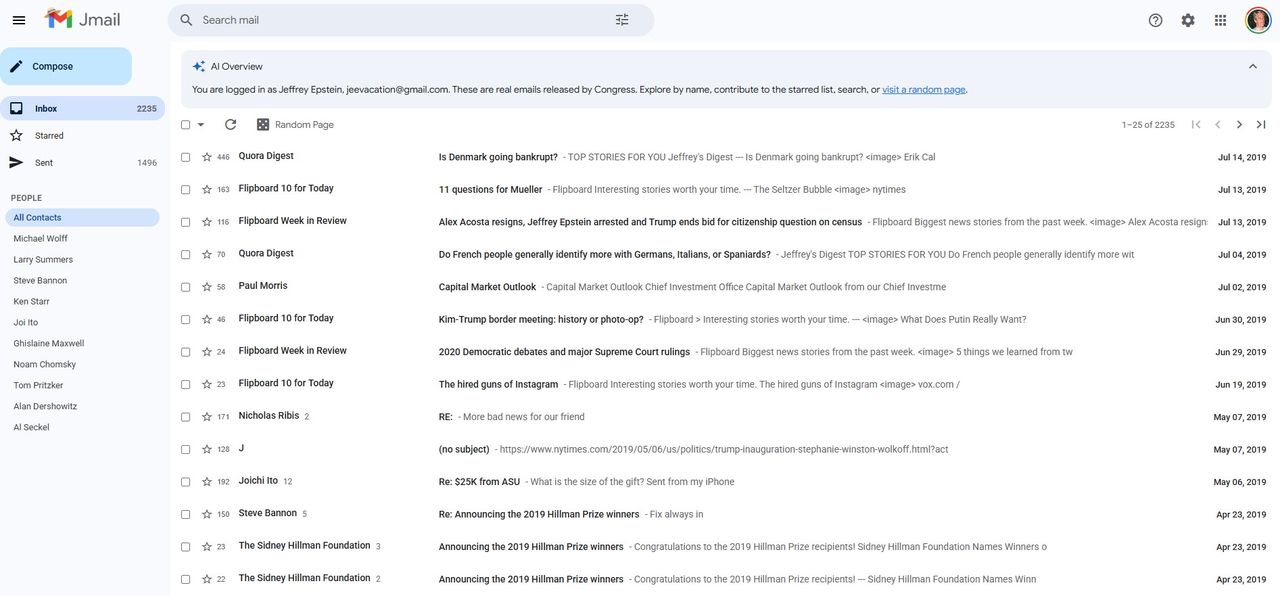 Jmail visar Jeffrey Epsteins mejl i Gmail-format