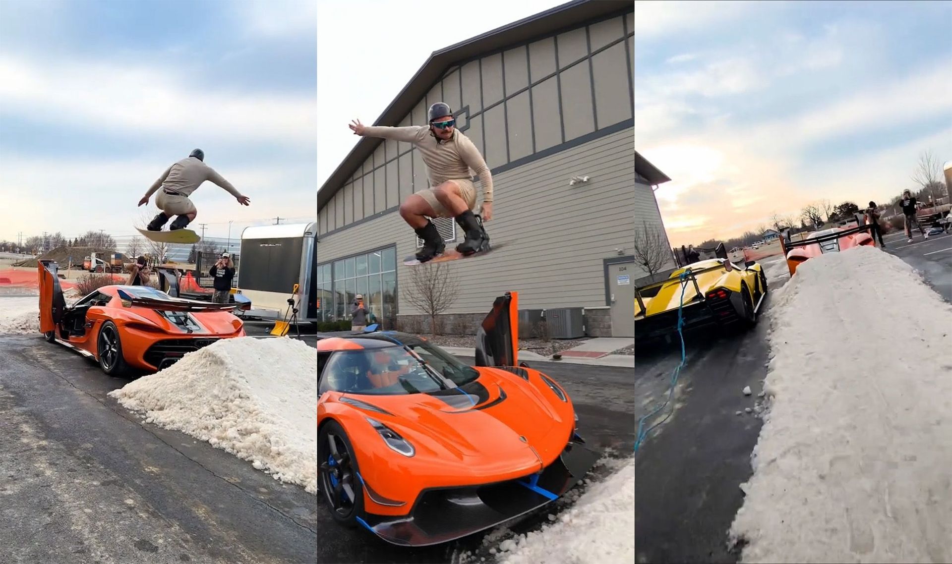 Här hoppar man med snowboard över en Koenigsegg