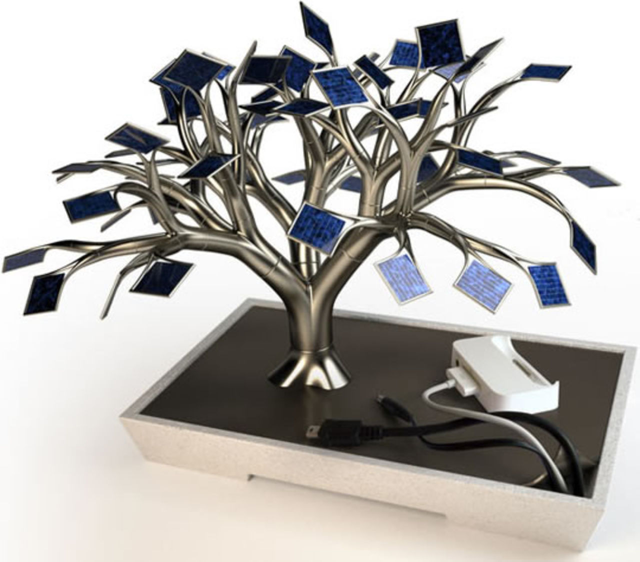 Solcells-laddare som ser ut som ett Bonsai-träd
