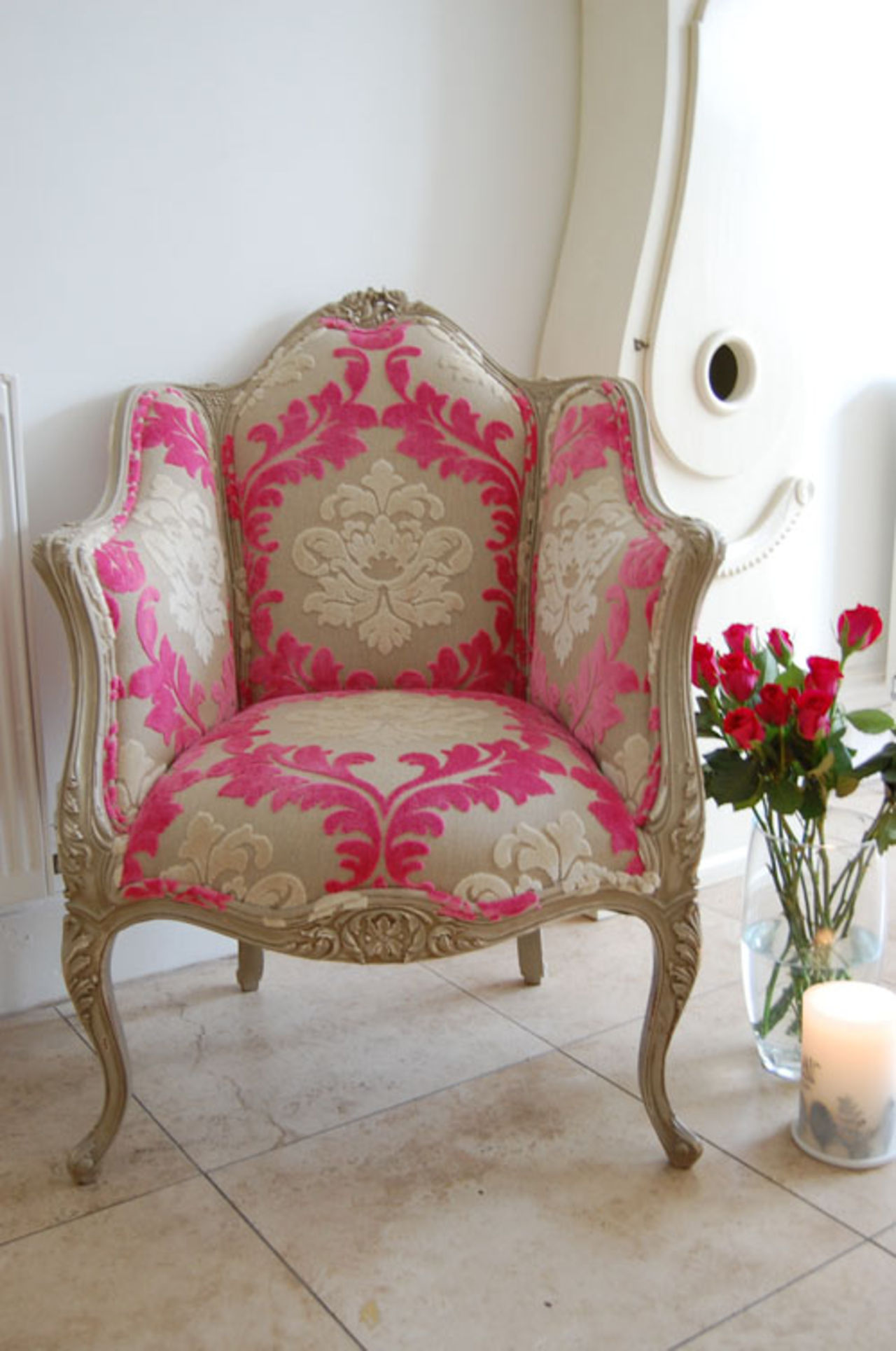 Colinial Strawberry and Cream Carved Louis Chair