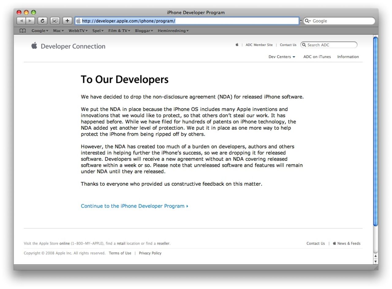 Apple tar bort NDA för iPhone-utvecklare